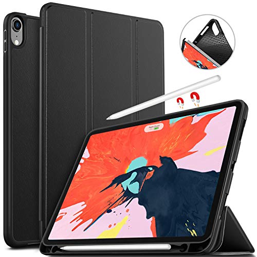 Product Cover IVSO Case for iPad Pro 11, Ultra Lightweight Trifold Smart Rubber Cover Case Auto Sleep/Wake Function Apple Pencil Charging Supported Fit for Apple iPad Pro 11 2018 Release (Black)