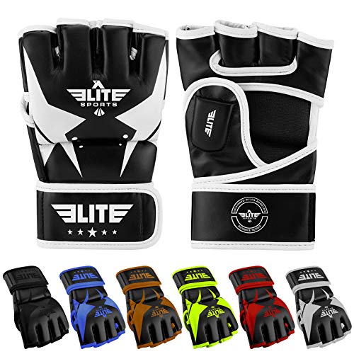 Product Cover Elite Sports MMA UFC Gloves for Men, Women, and Kids, Best Mixed Martial Arts Sparring Training Grappling Fighting Gloves (White/Black, Large/X-Large)