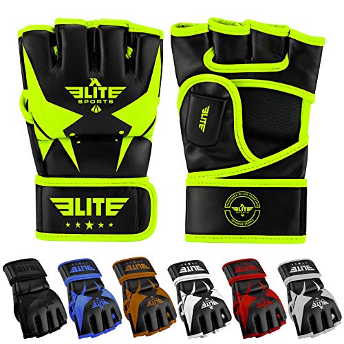 Product Cover Elite Sports MMA UFC Gloves for Men, Women, and Kids, Best Mixed Martial Arts Sparring Training Grappling Fighting Gloves (Green/Black, Medium)