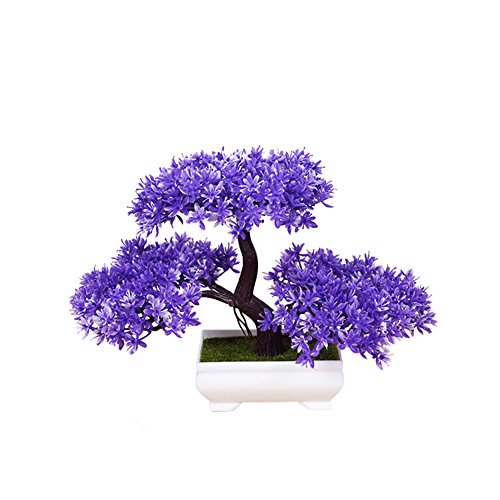 Product Cover Frjjthchy Mini Artificial Bonsai Tree Plants with Plastic Cement Pots for Home Office Décor (Purple)