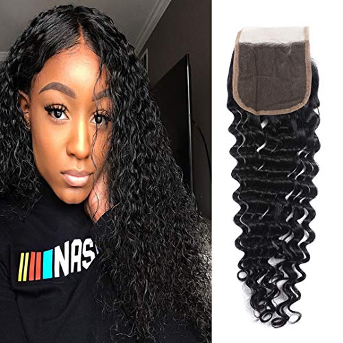 Product Cover Deep Wave Lace Closure 4x4 Free Part 100% Unprocessed Virgin Brazilian Deep Curly Human Hair Lace Closure Natural Black by Msjoli (18 Inch Free Part)
