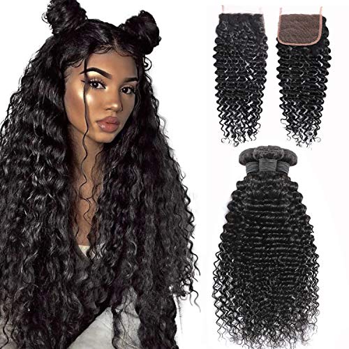 Product Cover Deep Wave Bundles with Closure Brazilian Virgin Human Hair 3 Bundles with 4X4 Free Part Lace Closure Unprocessed Curly Deep Wave Human Hair Bundles Natural Black (16 18 20+14 Closure)