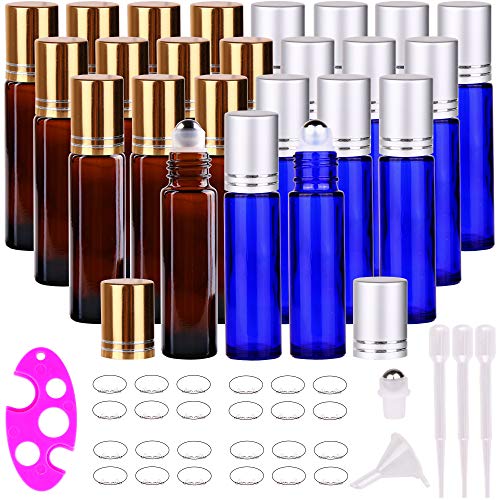 Product Cover 24 Pack (12 Amber+12 Cobalt Blue) Roller Bottles,10ml Thick Glass Roll on Bottle with Big Steel Ball for Essential Oil Perfume + Droppers(3) +Opener(1)+Funnel(1) +Extra Roller Ball(1) +Labels(24)