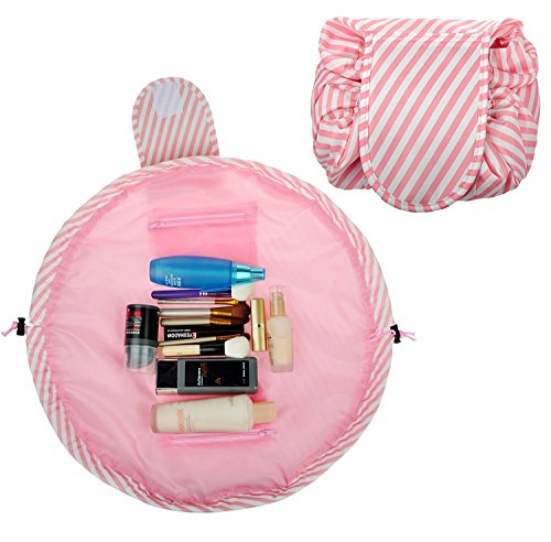Product Cover Lazy Cosmetic Bag by House of Quirk Drawstring Travel Makeup Bag Pouch Multifunction Storage Portable Toiletry Bags - Pink Stripes
