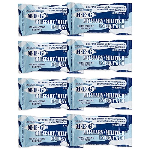 Product Cover MEG - Military Energy Gum | 100mg of Caffeine Per Piece + Increase Energy + Boost Physical Performance + Arctic Mint 8 Pack (40 Count)