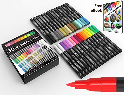 Product Cover Acrylic Paint Pens 30 Assorted Markers Set 0.7mm Extra Fine Tip for Rock, Glass, Mugs, Porcelain, Wood, Metal, Fabric, Canvas, DIY Projects, Detailing. Non Toxic, Waterbased, Quick Drying.
