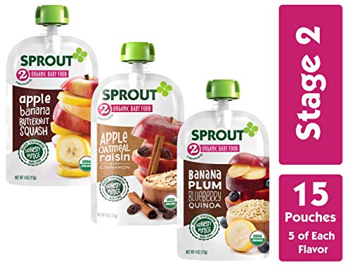 Product Cover Sprout Organic Stage 2 Baby Food Pouches, Variety Pack, 4 Ounce (Pack of 15) 5 Each: Apple Oat Raisin w/ Cinnamon, Banana Plum Blueberry Quinoa & Apple Banana Butternut