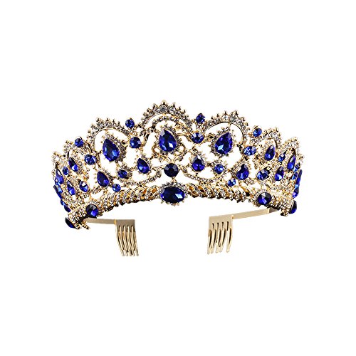 Product Cover Baroque Royal Queen Gold Wedding Crown Crystal Princess Tiara Headbands for Women Bridal Party Birthday Headpieces (Blue)