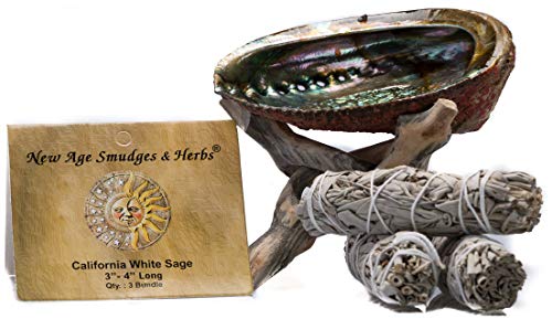 Product Cover Smudging Kit - 3 California White Sage Smudging Wands (Salvia Apiana) with Beautiful Natural 5 in - 6 in Abalone Shell, Kit Includes Natural Wooden Cobra Tripod Stand - Sage Sticks - 3'' - 4