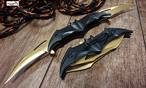 Product Cover New! Batman Dark Knight Bat Spring Assisted Open Folding Double Blade Dual Twin 3 Colors Pocket Knife Tactical Belt Clip Black Gold Rainbow Knives Great Gift (Gold)