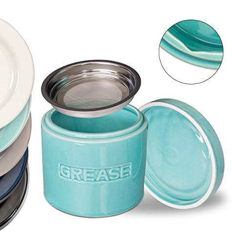 Product Cover AQUA Bacon Grease Oil Container Storage Can Keeper w/Stainless Strainer Pour Spout Ceramic Porcelain Stoneware Fat Separator Filter Multiple Colors