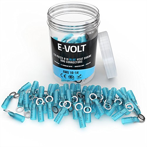 Product Cover E-VOLT Heat Shrink Crimp Connectors - 3:1 Shrink Ratio, 120 PC Blue Adhesive Tube #10 Electrical Ring Connector for 16-14 AWG | Industrial Grade Bulk Wire Crimps for Automotive, Boats and Audio