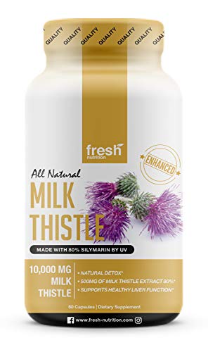Product Cover Milk Thistle Capsules - Strongest Available 10,000mg 80% Silymarin - Organic Liver Cleanse & Detox Support Supplement - Extract Powder in Capsule Pill Form - Made in The USA