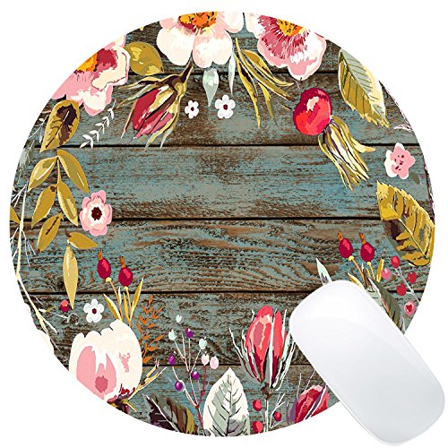 Product Cover Wknoon Cute Round Mouse Pad Custom, Vintage Hand Drawn Floral Wreath Art on Rustic Wood Circular Mouse Pads for Computers Laptop