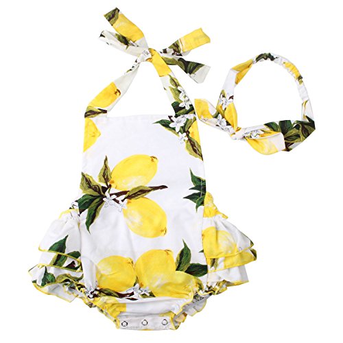 Product Cover Slowera Baby Girls 2pcs Sets Cotton Ruffles Romper Outfits Clothes (M:12Months, White Yellow Lemon)