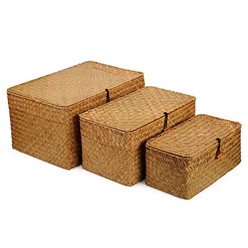 Product Cover Woven Wicker Storage Bins with Lid, Seagrass Basket for Shelf Organizer, Extra Large, Set of 3