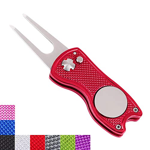 Product Cover Mile High Life All Metal Foldable Golf Divot Tool with Pop-up Button & Magnetic Ball Marker (Red Fish)