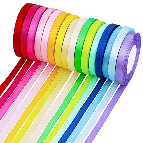 Product Cover Supla 16 Colors 400 Yard Fabric Ribbon Silk Satin Roll Satin Ribbon Rolls in 2/5 Wide, 25 Yard/roll,16 rolls,Satin Ribbon Fabric Ribbon Embellish Ribbon Ribbon for Bows Crafts Gifts Party Wedding