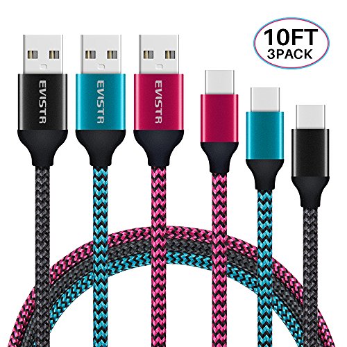 Product Cover USB Certified Type C Cable - EVISTR 3PACK 10FT Charging Cable for Smartphones, Nylon Braid USB C Charger Sync Data Cord for Samsung Galaxy S9 S8 Note 8,Pixel,LG V30, ZTE Axon, Nintendo Switch and More