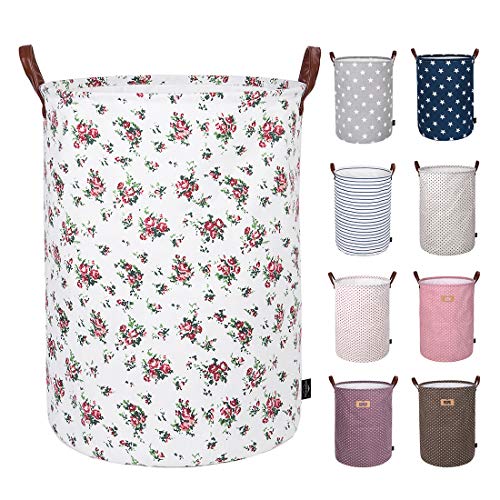 Product Cover DOKEHOM 22-Inches Thickened X-Large Laundry Basket -(9 Colors)- with Durable Leather Handle, Drawstring Waterproof Round Cotton Linen Collapsible Storage Basket (Roses, XL)