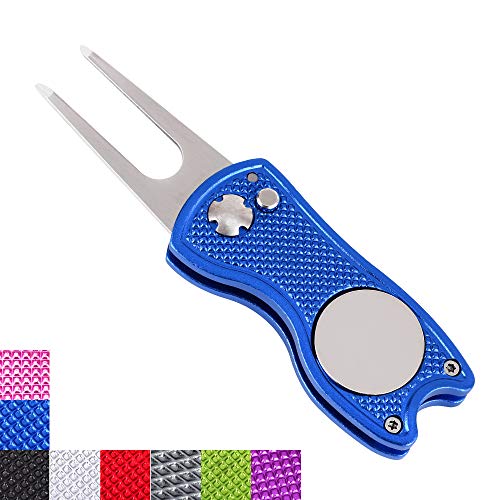 Product Cover Mile High Life All Metal Foldable Golf Divot Tool with Pop-up Button & Magnetic Ball Marker (Blue Fish)