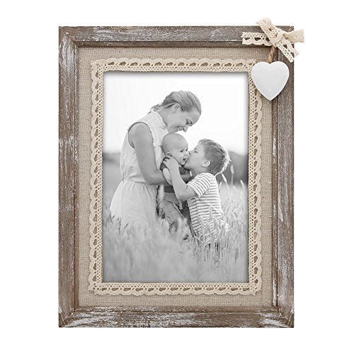 Product Cover Afuly Distressed Wood Picture Frame 5x7 with Wooden White Heart Rustic Love Photo Frames Burlap Unique for Grandma Wedding Valentines Gifts