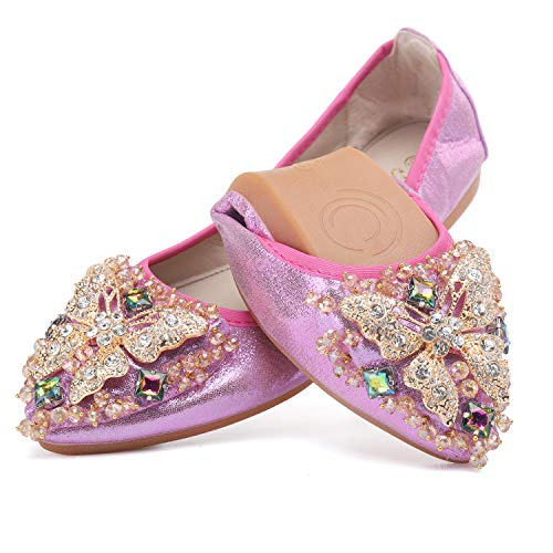 Product Cover Cattle Shop Women's Foldable Flats Rhinestone Sparkly Wedding Shoes Comfort Slip On Pointed Toe Ballet Flat Shoe