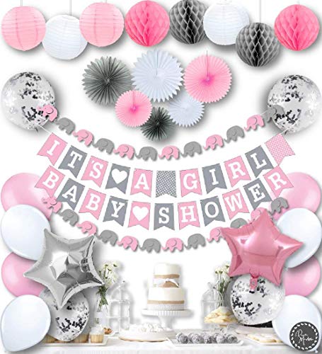 Product Cover RainMeadow Premium Baby Shower Decorations for Girls Kit | It's A Girl | Garland Bunting Banner, Paper Lanterns, Honeycomb Balls | Tissue Paper Fans | Pink Grey White | Elephant Style
