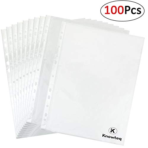 Product Cover KNOWTEQ 100-Piece Transparent Waterproof Sheet Protector Files with 11 Punched Ring Holes, A4 Size (Transparent File Sleeves-100Pcs)