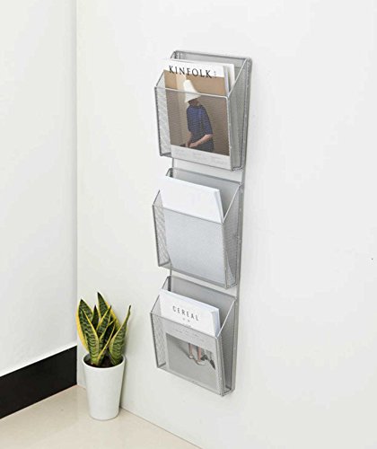 Product Cover Di Grazia Silver Mesh Wall Mounted Hanging Newspaper Literature Document & File Organizer with 3 Compartments Pockets Vertical Magazine Rack & Mail Sorter/Holder Tray Storage