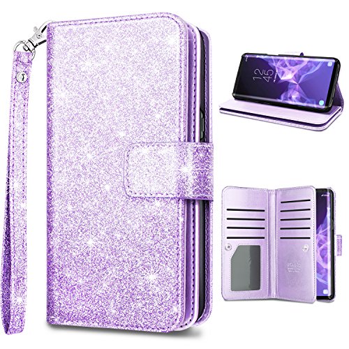 Product Cover Samsung S9 Case,Galaxy S9 Wallet Case,Fingic Glitter Sparkle Cover 9 Card Holder PU Leather Detachable Wrist Strap Wallet Case for Women Cover for Samsung Galaxy S9 (5.8inch),Purple