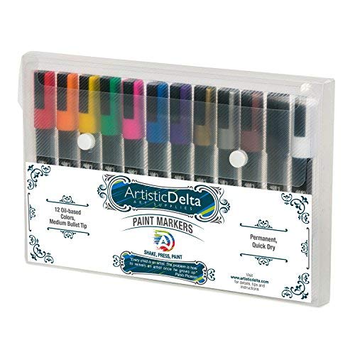 Product Cover Paint Markers by Artistic Delta - Set of 12 Medium Point Oil-based Art Pens - Assorted Quick-Dry Opaque Colors with Matte Finish - Durable Case - For Use on Glass, Rock, Wood, Ceramic, Plastic, Metal