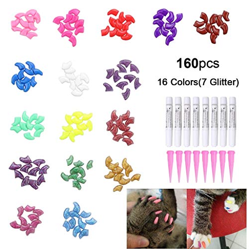 Product Cover OWUDE 160Pcs Pet Nail Caps, Soft Cat Paws Grooming Claws Control Covers, 9 Colorful Kitten Nails Caps + 7 Glitter Colors + 8Pcs Adhesive Glue + 8Pcs Applicator with Instructions (Medium)