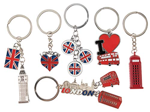 Product Cover London Keychains - 6-Pack Souvenir Key Rings, 6 Assorted Designs Including Double-Decker Bus, Red Telephone Booth, Big Ben, and UK Flag, Silver, Red and Blue