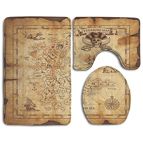 Product Cover Guiping Super Detailed Treasure Map Grungy Rustic Pirates Gold Secret Sea History Bathroom Rug Mats Set 3 Piece,Funny Bathroom Rugs Graphic Bathroom Sets,Anti-skid Toilet Mat Set