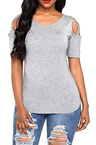 Product Cover NICIAS Womens Summer Round Neck Cold Shoulder Tees Slim Tunic Tops Casual Short Sleeve Strappy T-Shirt Blouse Grey XL