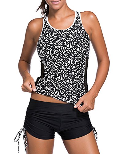 Product Cover Yonique Women Racerback Mesh Tankini Top with Boy Short 2 Piece Swimsuit Black S