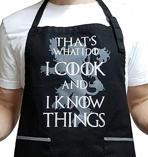 Product Cover That's What I Do I Cook & I Know Things - 100% Cotton Black Apron with 2 Grey Tone Pockets - Adjustable Strap - Unisex Inspired by Game of Thrones