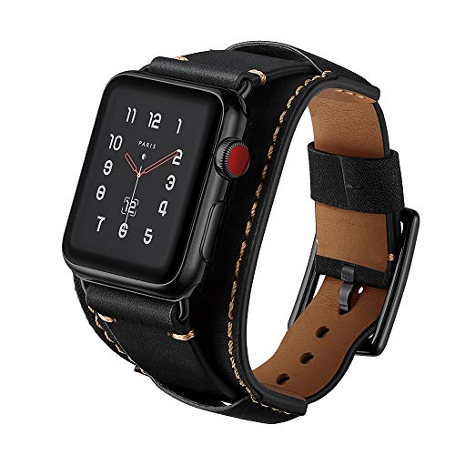 Product Cover GOSETH Compatible with Apple Watch Band 44mm Series 5/4 Apple Watch Band 42mm Series 3/2/1,Genuine Leather Strap with Stainless Clasp for iWatch Series 5 4 3 2 1 (Black, 42mm/44mm)