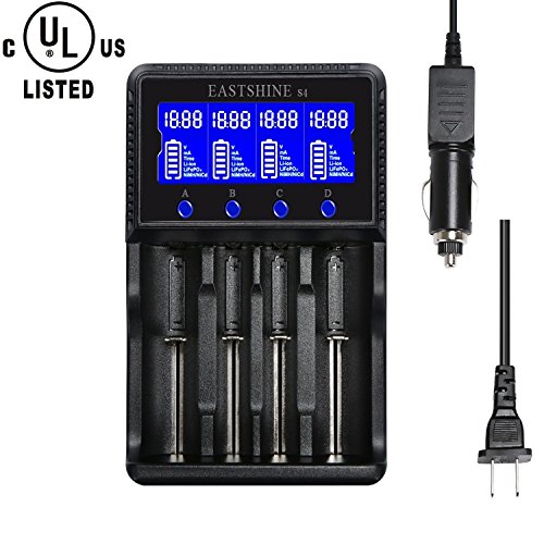 Product Cover Universal Smart Battery Charger 4 Bay for Rechargeable Batteries Ni-MH Ni-Cd AA AAA C Li-ion LiFePO4 IMR 18650 26650 14500 16340 18500 10440 18350 17670 RCR123a with Car Adapter LCD Display UL Listed