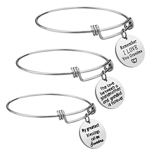 Product Cover Grandma Gift 3PCS Bracelet Set - Stainless Steel Motivational Grandmother Jewelry Gift from Granddaughter Grandson, Expendable Charm Bangle Bracelets Gift for Mother's Day, Birthday Christmas (White)