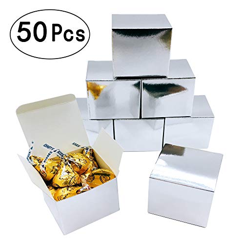 Product Cover Silver Mirror Cube Candy Treat Boxes Set Gift Box Bulk Wedding Party Favors Glitter Silver Baby Shower Party Supplies 2x2x2 inch, 50pc