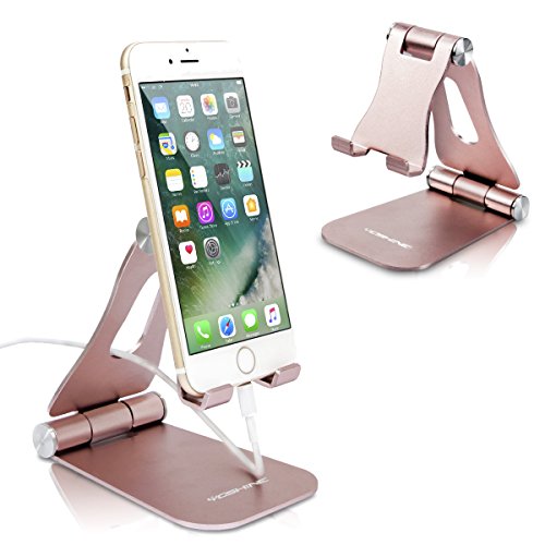 Product Cover [Latest Version] Foldable Cell Phone Holder, YOSHINE Adjustable Cell Phone Stands Tablet Stand Solid Aluminum Stand Charging Dock for All Smart Phones and Tablets Desk Phone Accessories - Rose Gold