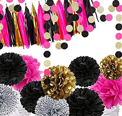Product Cover Fonder Mols 29 Bachelorette Party Decorations Black and Hot Pink - 12pcs Black Fuchsia Gold Tissue Paper Pom Poms 15 Tassel Garland Bunting and 2 Sparkle Polka Dots Garlands