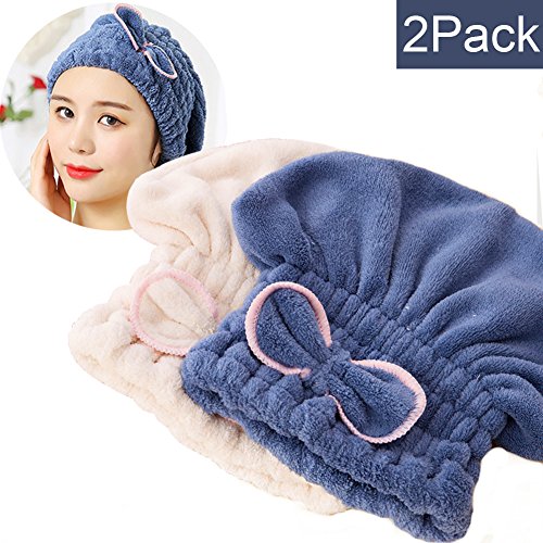 Product Cover SweetCat 2PC Microfiber Hair Drying Caps, Extrame Soft & Ultra Absorbent, Fast Drying Hair Turban Wrap Towels Shower Cap for Girls and Women (Blue+Beige)