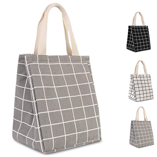 Product Cover HOMESPON Reusable Lunch Bag Insulated Lunch Box Cute Canvas Fabric with Aluminum Foil, Printed Lunch Tote Handbag Fordable for Women,Men,School, Office (Checkered Pattern-Grey)