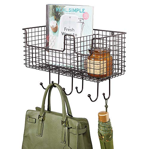 Product Cover mDesign Metal Wire Farmhouse Wall Decor Storage Organizer Basket with 6 Hooks for Entryway, Hallway, Mudroom, Bedroom, Bathroom, Laundry Room - Wall Mount - Bronze