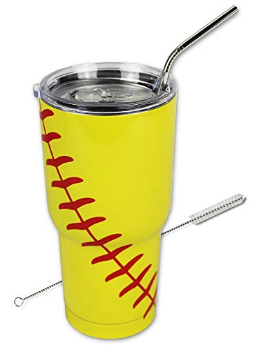 Product Cover Softball Tumbler 30oz Urbanifi Cups with Lid, Straw and Cleaner, Gift Sports Travel Coffee Mug, Stainless Steel,Vacuum Insulated, Keep Drinks Cold and Hot