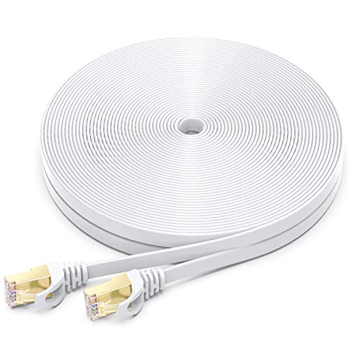 Product Cover CAT-7 Ethernet Cable 60 Feet - High Speed Flat Internet Network Computer Patch Cord - Faster Than Cat6 Cat5e Lan Wire, Shielded RJ45 Connectors for Router, Modem, Xbox, Printer - White