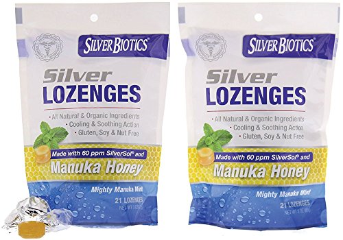 Product Cover American Biotech Labs Silver Biotics Silver Lozenges w/60ppm SilverSol and Manuka Honey, Mighty Manuka Mint (21 Count) (2 Pack)